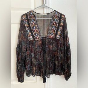 ZARA Basic Embroidered Tie Front Blouse